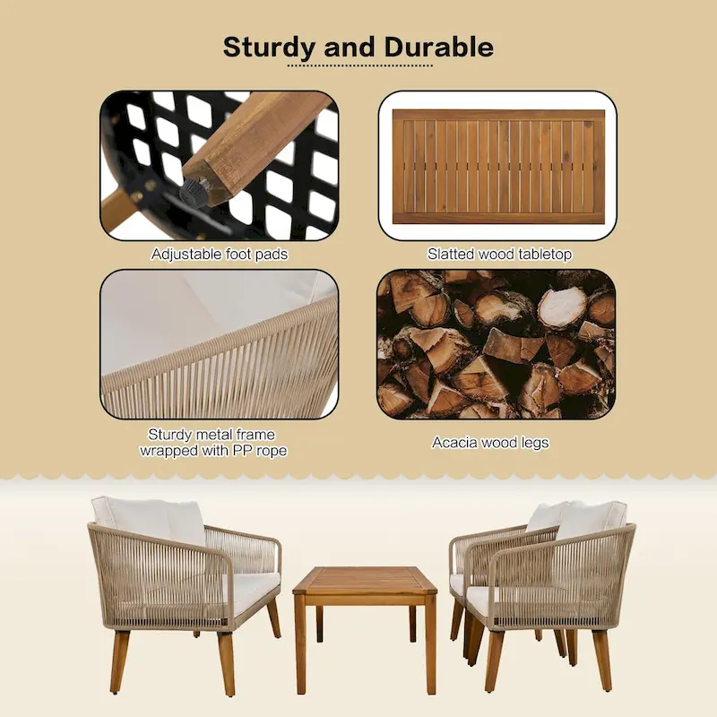 Mid-Century Modern 4-Piece Patio Set: Acacia Wood Loveseat, Chairs & Table