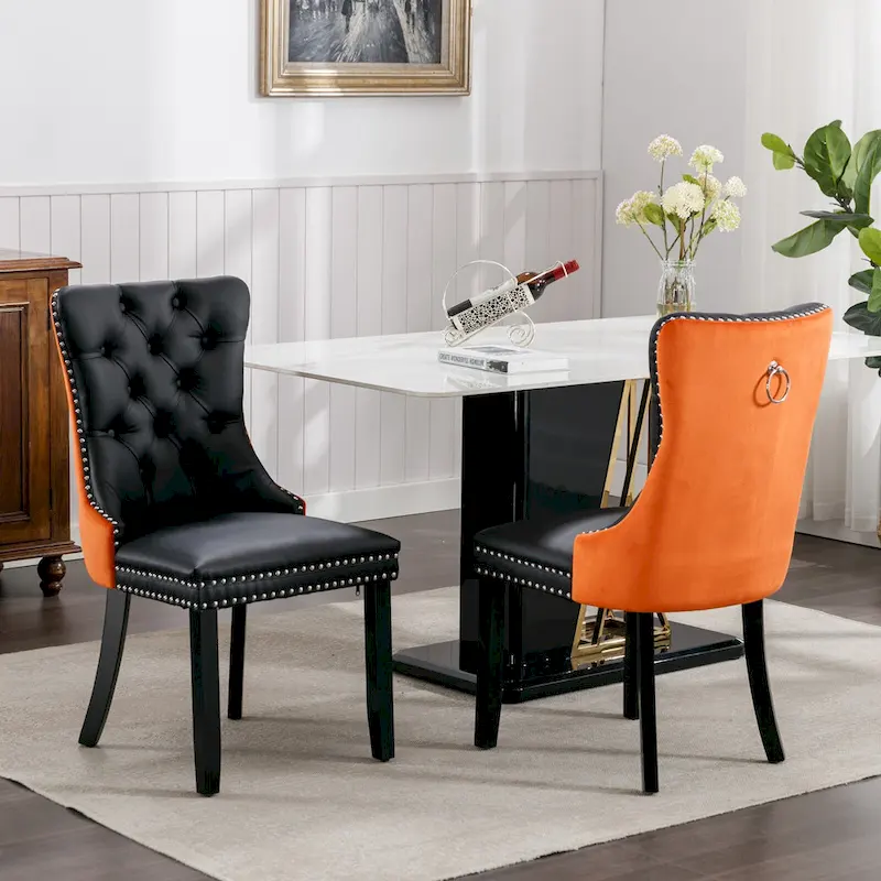 High Back Dining Chairs Set of 2, Upholstered PU Leather Kitchen Chairs Side Chair with Rear Handle Wood Legs
