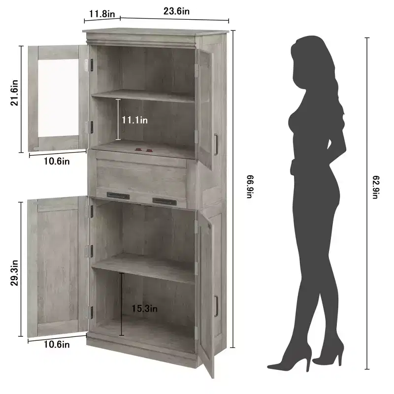 67 Tall Bathroom Cabinet, Double Door Line Bathroom Storage Cabinet with Drawer, Adjustable Shelves, for Bathroom Living Room Kitchen