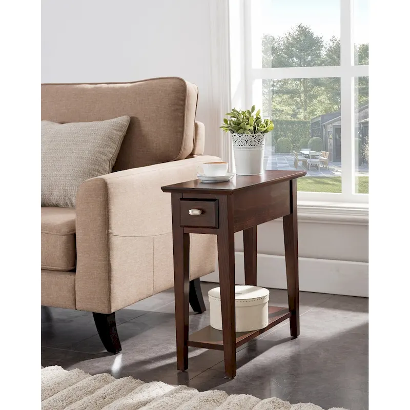 Teegan Solid Wood Narrow Side End Table with Shelf and Drawer