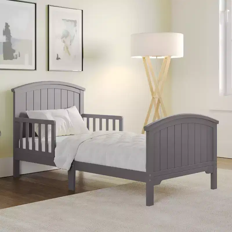 Arch Top Toddler Bed with Guard Rails, Low to Ground, Pinewood