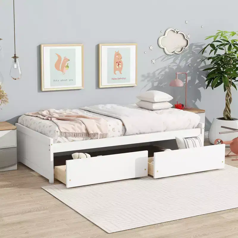 MAYEERTY Twin Size Bed with 2 Drawers Solid Rubber Wood White for Bedroom