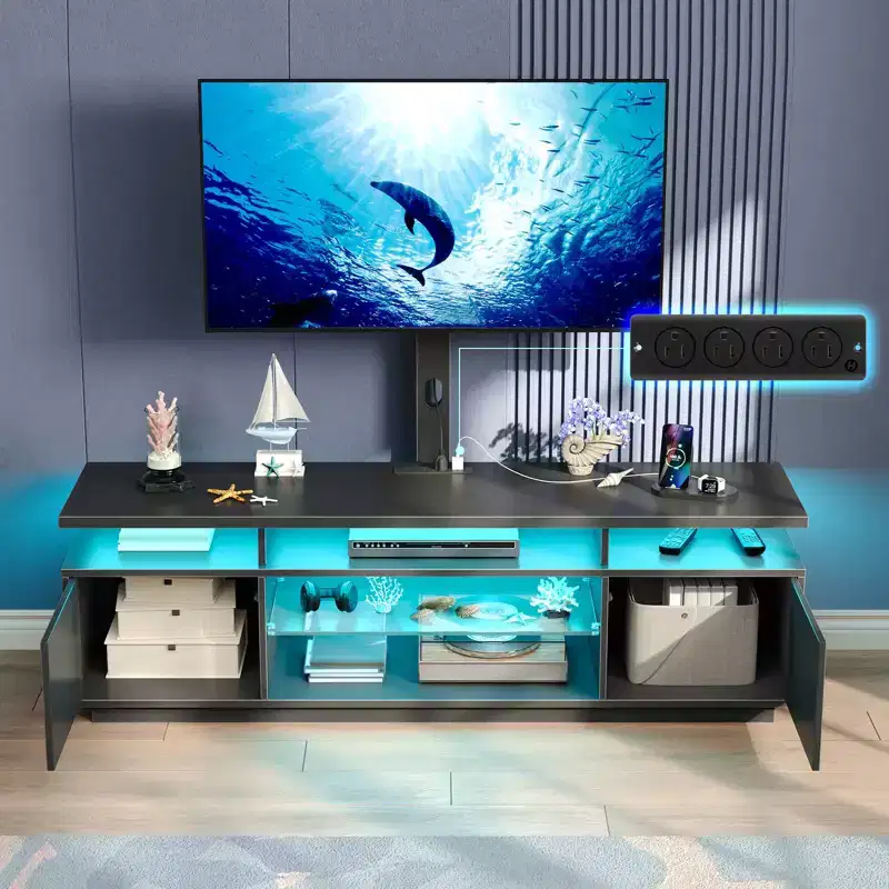 Greenstell 51/59 inch Modern TV Stand for TVs, Living Room Entertainment Center with LED Lights and Charging Station, Swivel & Height Adjustable