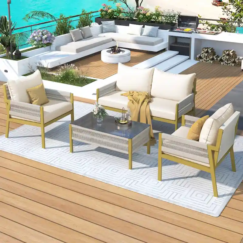 4-Piece Patio Conversation Set with Tempered Glass Table