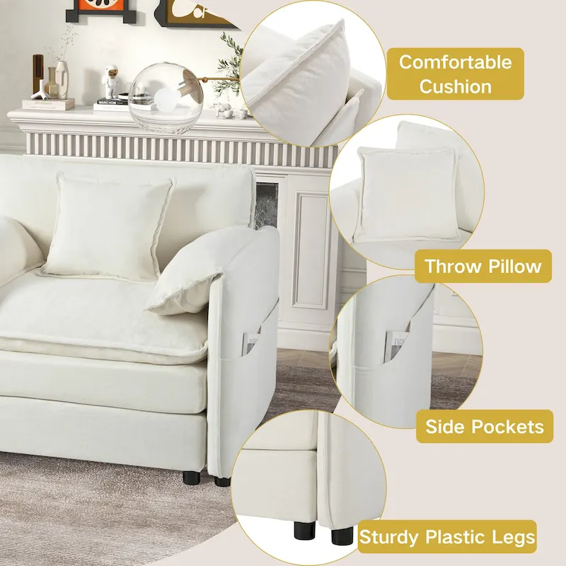 109.45 Chenille Upholstered L-Shaped Modular Sectional Sofa with Double-Layer Cushions, DIY Combination