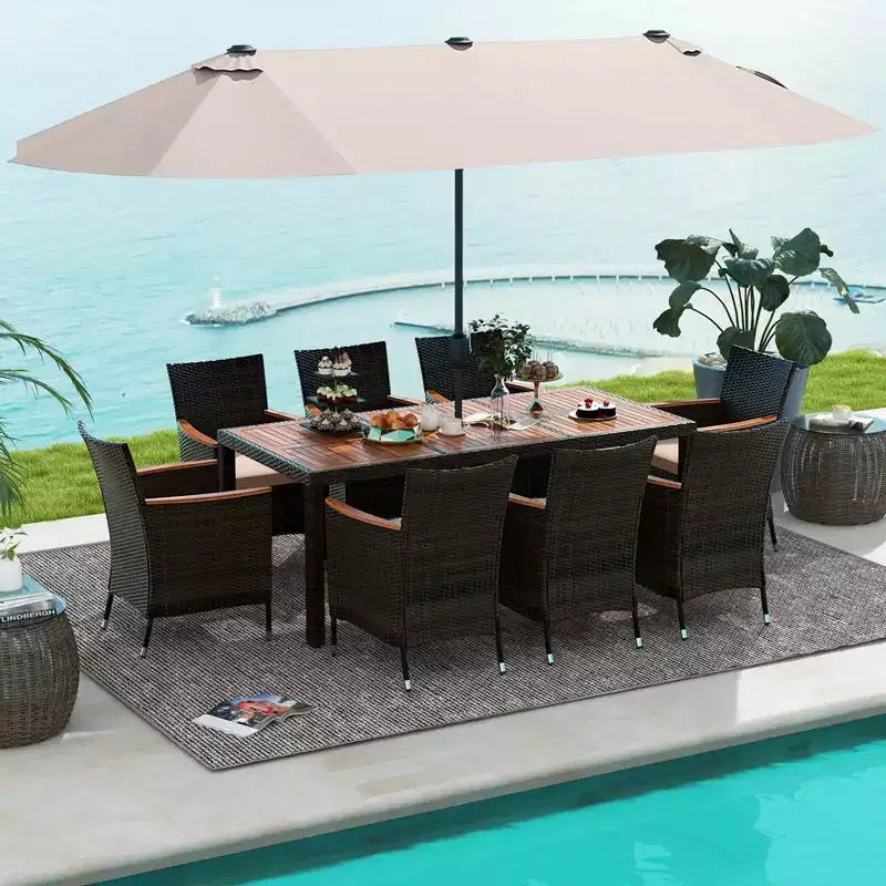 Costway 11 PCS Patio Dining Set with 15ft Double-Sided Patio Umbrella (Base Included) Beige/Coffee/Navy/Orange/Wine/Grey