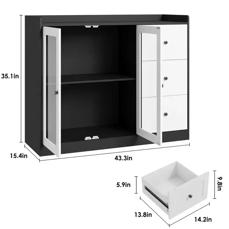Coolmee 43 Buffet Sideboard Cabinet & Storage Chest with Guardrail Design, Adjustable Shelves & 3 Drawers for Kitchen and Dining Room