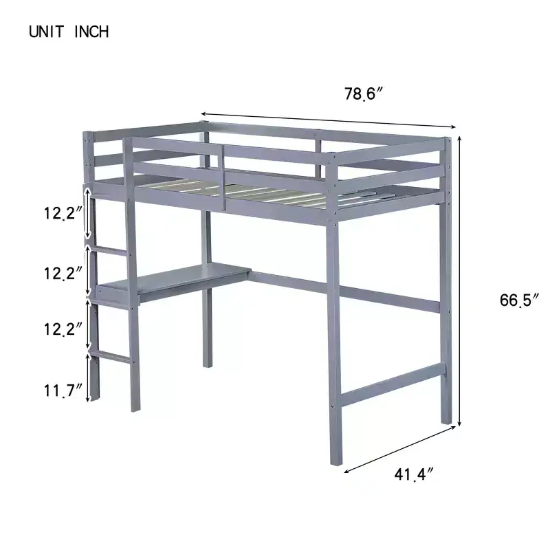 Twin Loft Bed with Desk, Loft Bed for Kids, Boys, Girls, Wooden Loft Bed Frame, Built in Desk and Ladder, Gray Rubber Wood