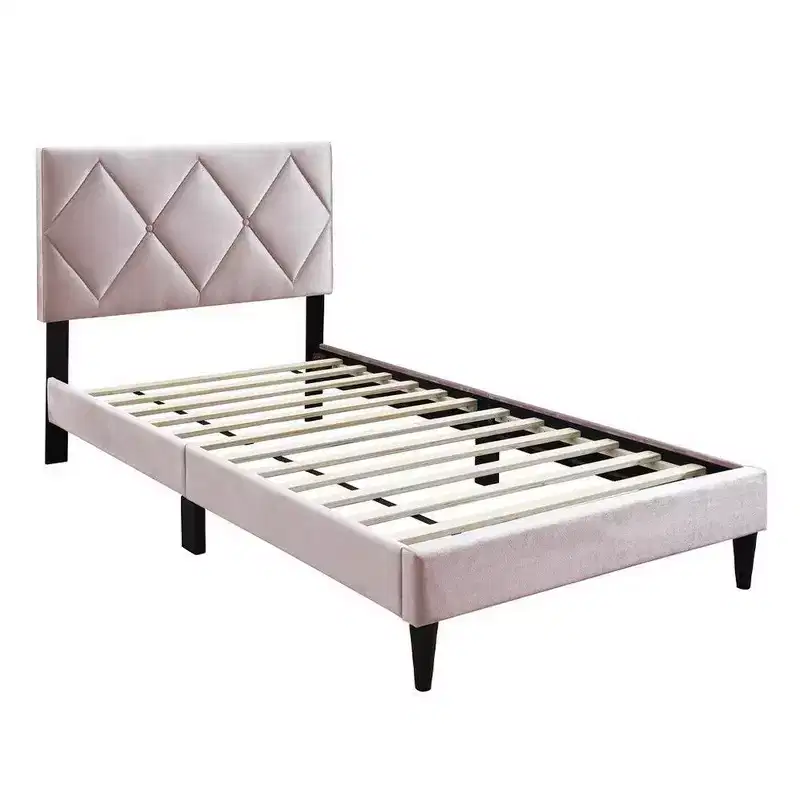 Royal Hampton Full Bed, Tufted Light Pink Velvet Upholstery, Diamond Stitch