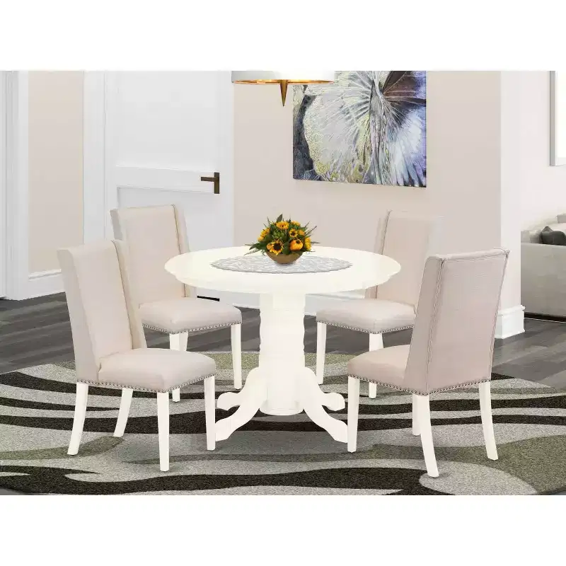 HomeStock 5-Piece Buttermilk & Cherry Finish Solid Wood Top Dining Table with 4 Parson Chair