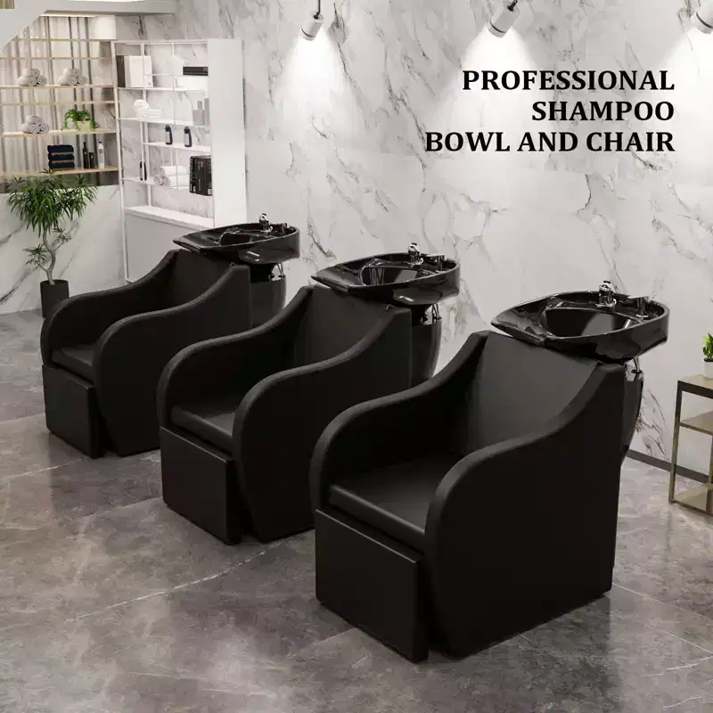 Electric Shampoo Bowl and Chair Backwash Unit with Reclining Legrest and Tilting Porcelain Shampoo Sink
