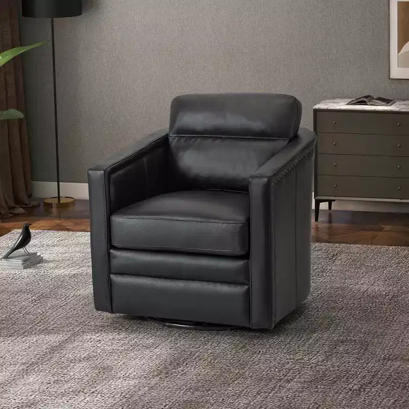 Wide Genuine Leather Swivel Accent Chair with Metal Base