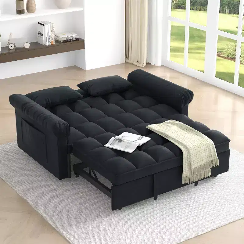 EHMKNP Flannel Uphosltered Loveseats Sofa Bed with Pull-out Bed,Adjsutable Back
