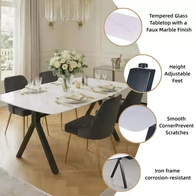 GDFStudio Daniela Modern Tempered Glass Rectangular Dining Table with Marble Design and Metal Legs