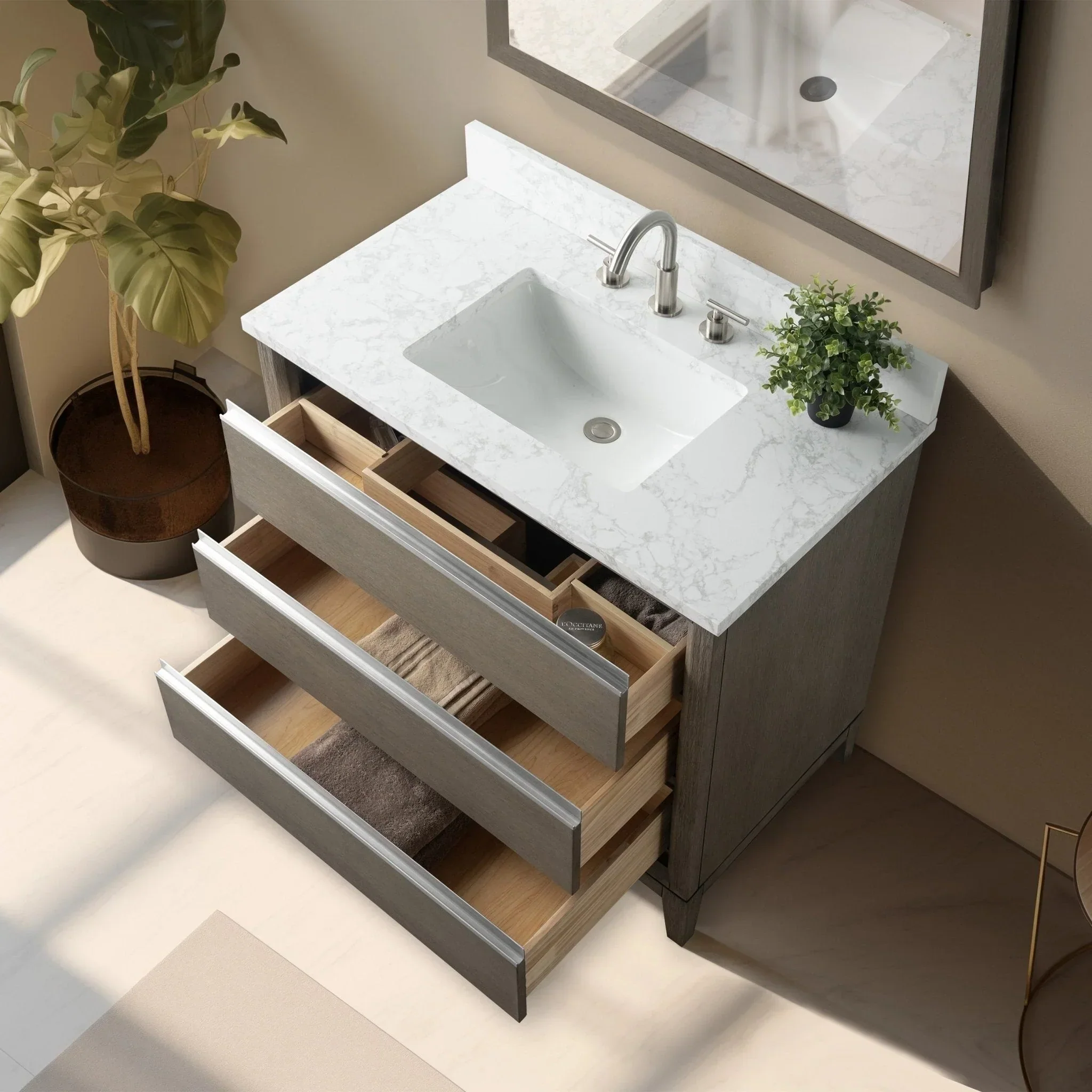 Vanity Art Bathroom Vanity with Ceramic Sink and Engineered Marble Top