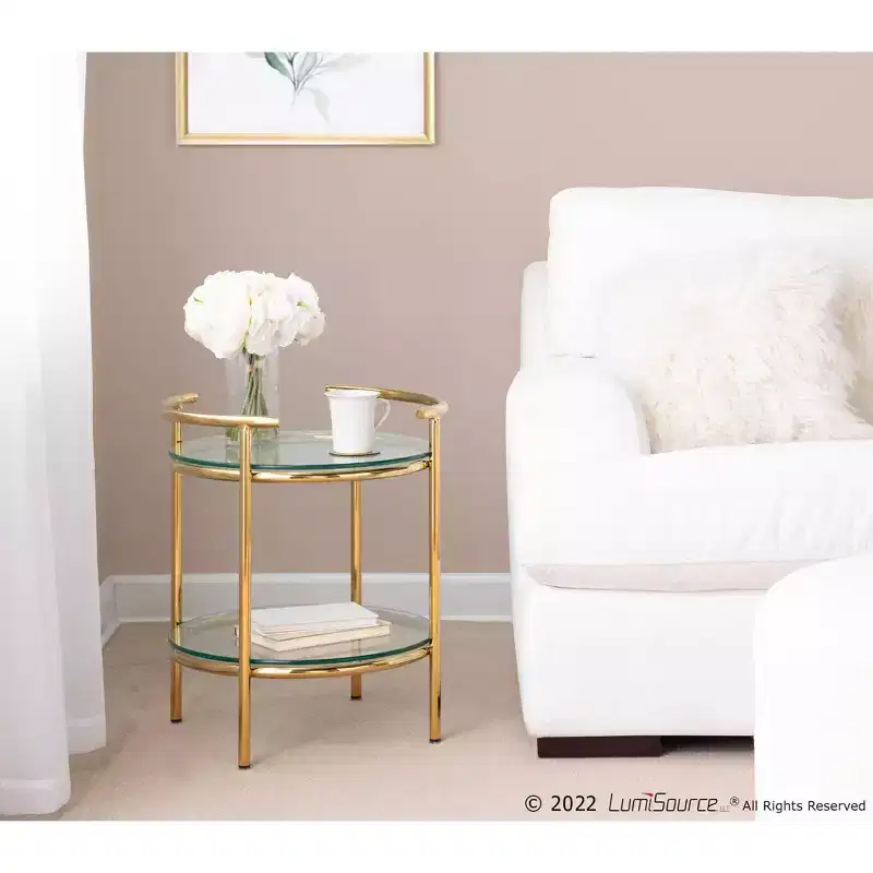 Art Deco Tiered Oval Side Table with Gold Frame & Clear Glass Tops