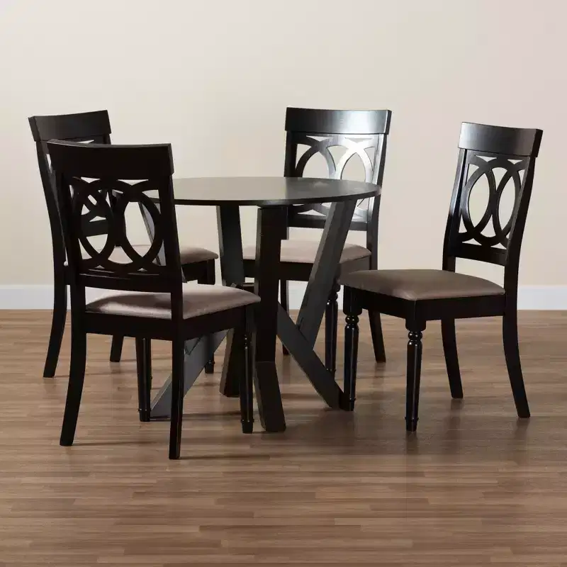 5-Piece Round Dining Set 4 Upholstered Chairs Rubberwood Cut-Out Back Foam Padded Seats