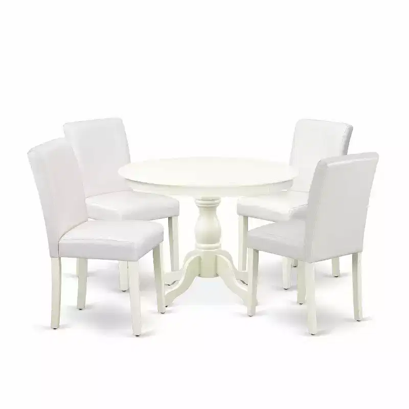 HomeStock 5-Pc Linen White Finish Solid Wood Top Dining table with 4 White Faux Leather Upholstered Parson Chairs