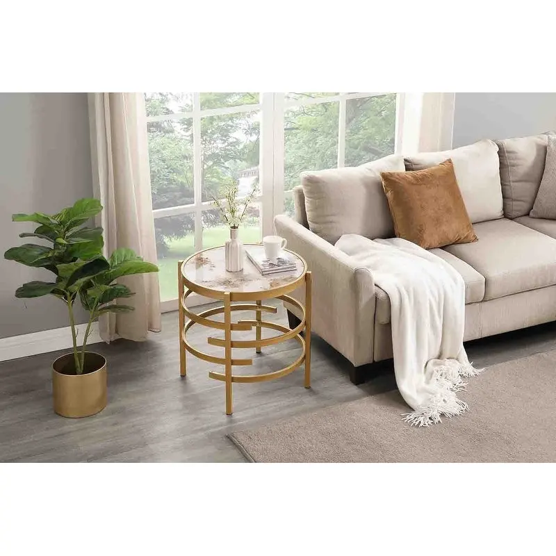Grondin 20.67 Round End Table with Sintered Stone Table Top and Metal Frame, Modern Style Side Table with Non-Slip Foot Pads