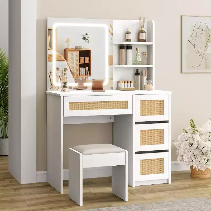 Rattan Vanity with Mirror, White & Gold Makeup Vanity Desk, 4 Drawers, 2 Open Shelves, Large Storage Dressing Table for Bedroom