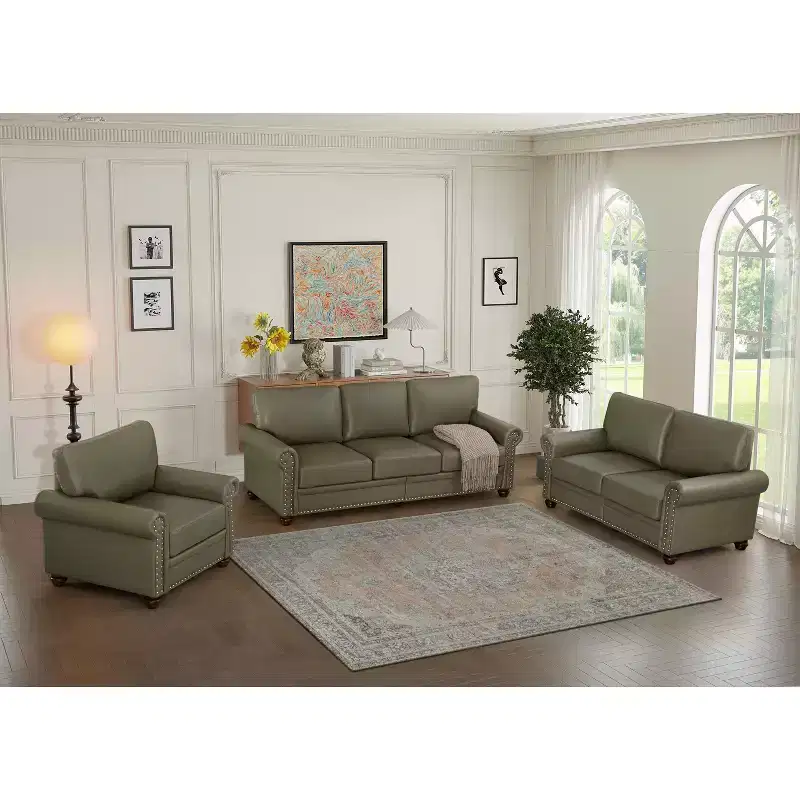 MAYEERTY 3 Pieces Sectional Faux Leather Sofa with Storage Silver Nails for Living Room Taupe