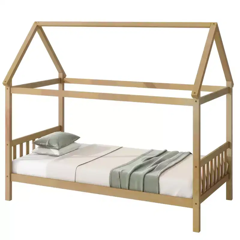 Twin Rubber Wood Bed with House Frame Beige