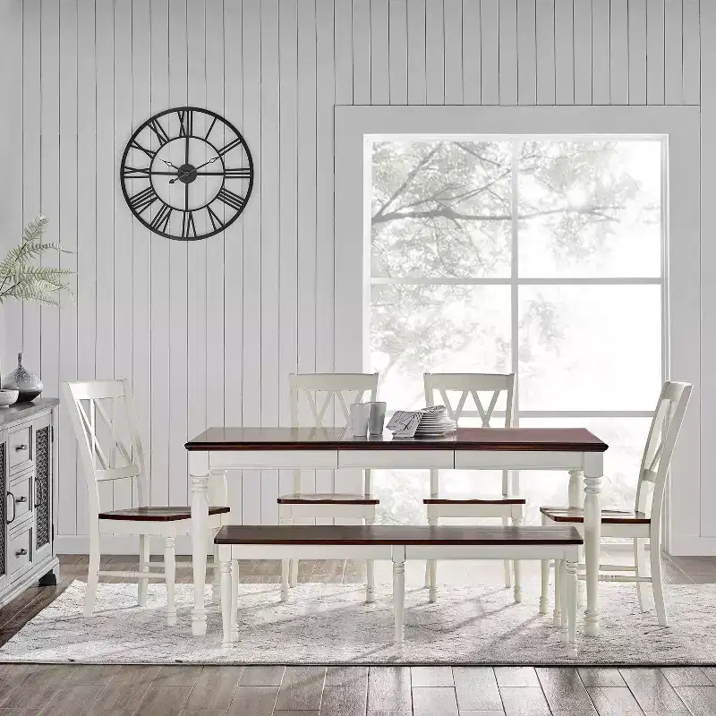 6pc Shelby Extendable Dining Set White - Crosley: Traditional Farmhouse Style, Turned Legs, Rubberwood Frame, Removable Leaf