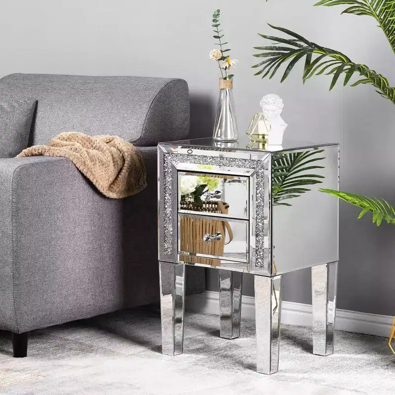 Mirror Nightstand with Drawer, Silver Mirrored Glass End Table, Crushed Diamond Glitter