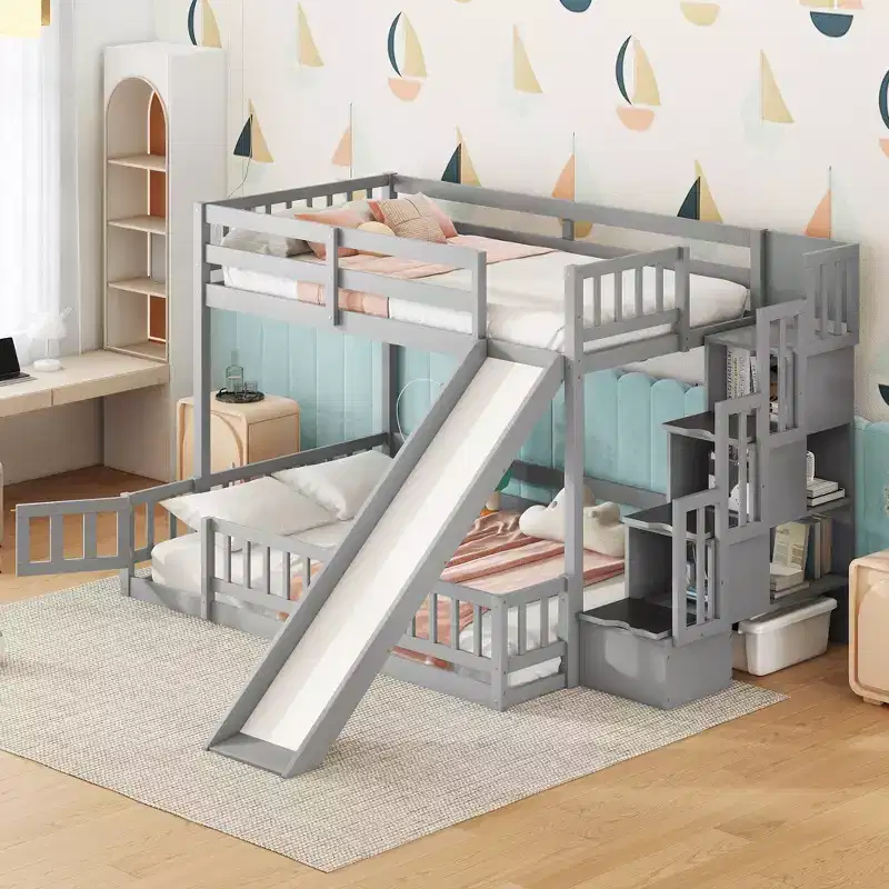 Whisen Twin Over Full Bunk Bed with Slide & Storage Stairs