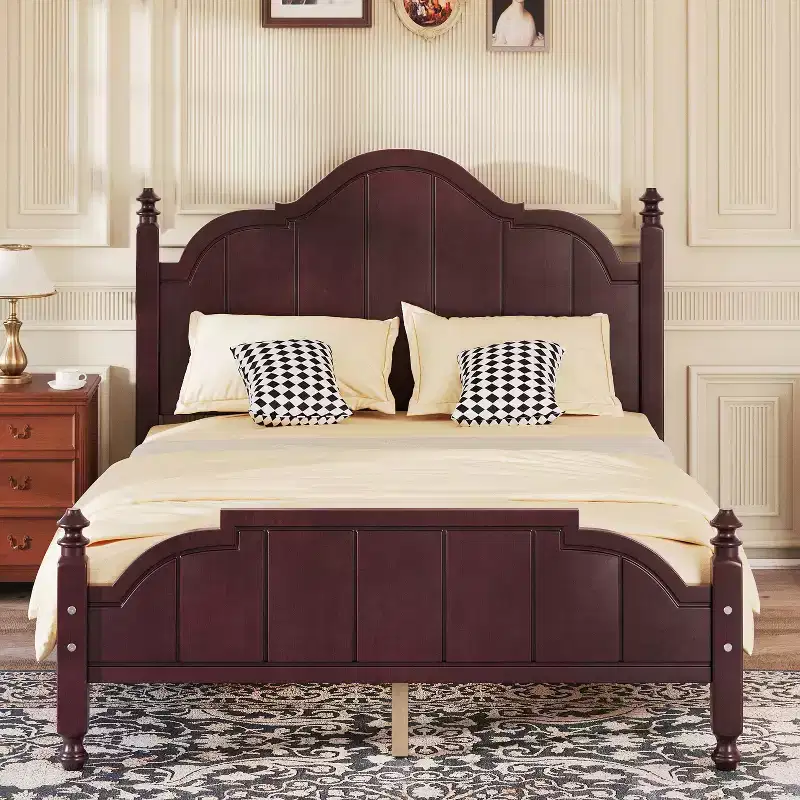 Vintage Queen Platform Bed Frame - Solid Pine, MDF Headboard, No Box Spring Needed