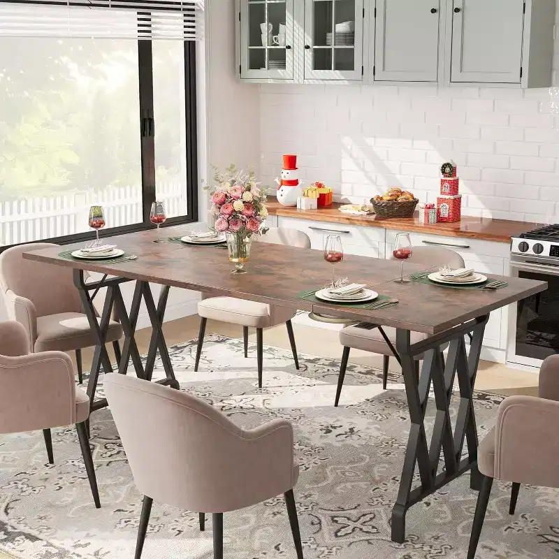 Acekool 70.9 Long Dining Table, Rectangular Dark Brown Top, Black X-Frame, Seats 48, Rustic Modern Style, Steel Legs