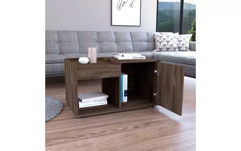 Crafted for both style and function, this Velvet Coffee Table, One Open Shelf, Single Door Cabinet is a compact bedside table that helps keep.