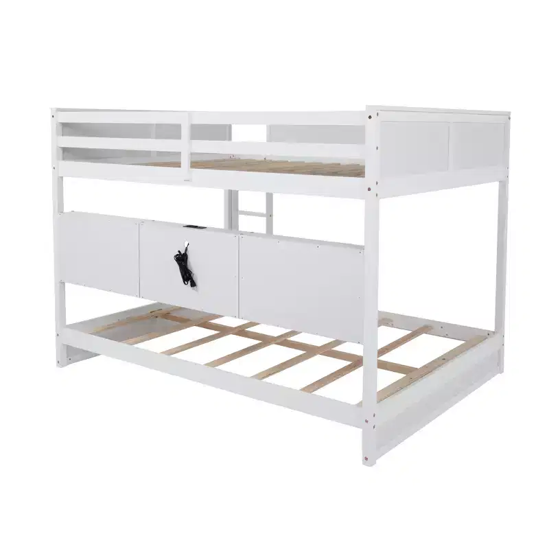 Queen Over Queen Wood Bunk Bed with Built-in Storage Cabinets, Charging Station, Ladder and Safety Guardrails