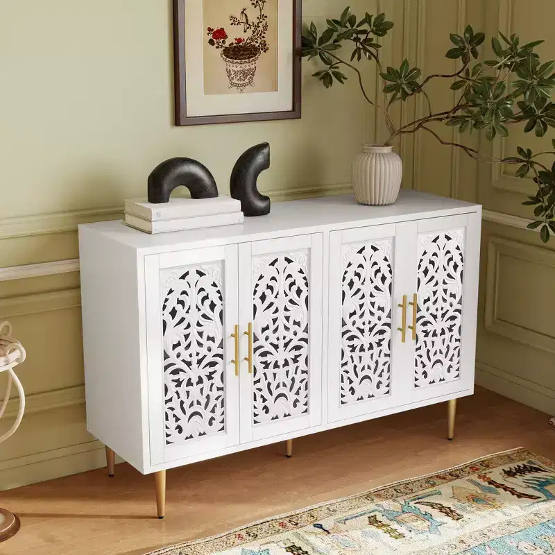 47.8 4-Door Buffet Cabinet, Vintage Carved Wood Accent Sideboard with Hollow Carving, Storage Credenza for Living Room, Dining Room, Entryway