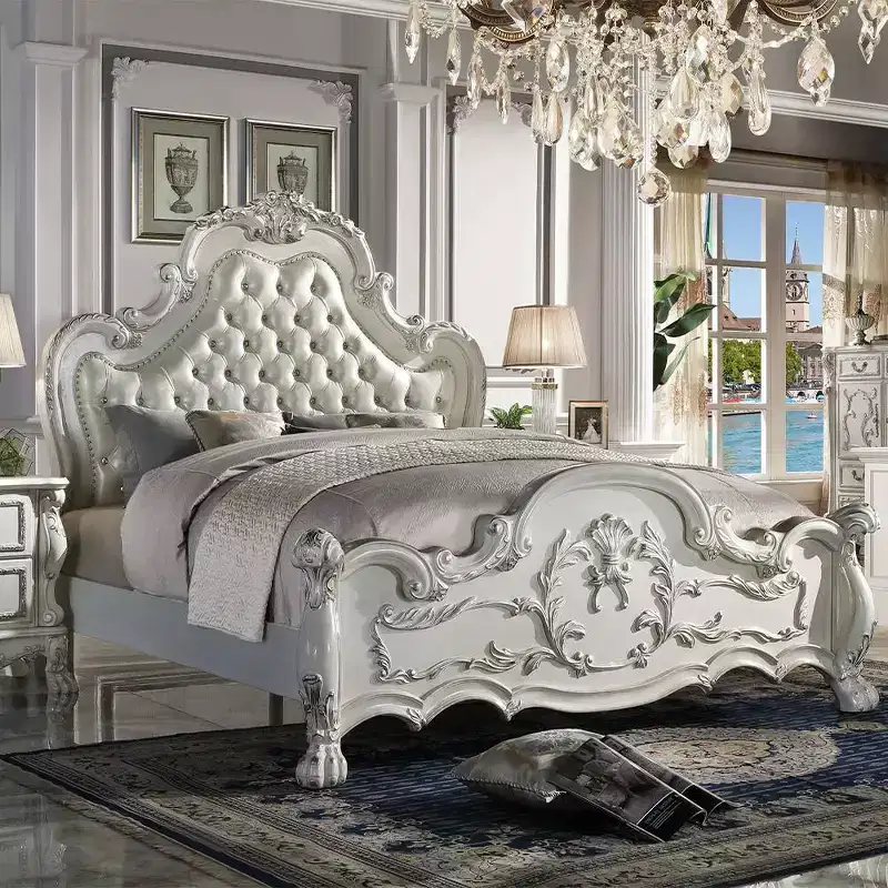 91" Queen Bed Dresden Bed Synthetic Leather and Bone White Finish
