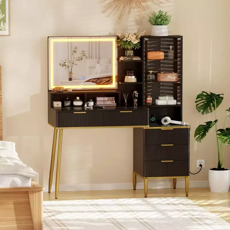 Makeup Vanity Desk with Power Outlet, Glass Top, Lighted Mirror, 5 Drawers and Acrylic Door, 44.9x18.1x54.3 in