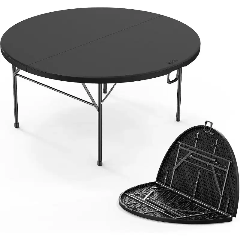 5 FT Black Round Bi-Folding Commercial Table, 60 Inch Portable Plastic Dining Card Table for Kitchen Party Wedding Event