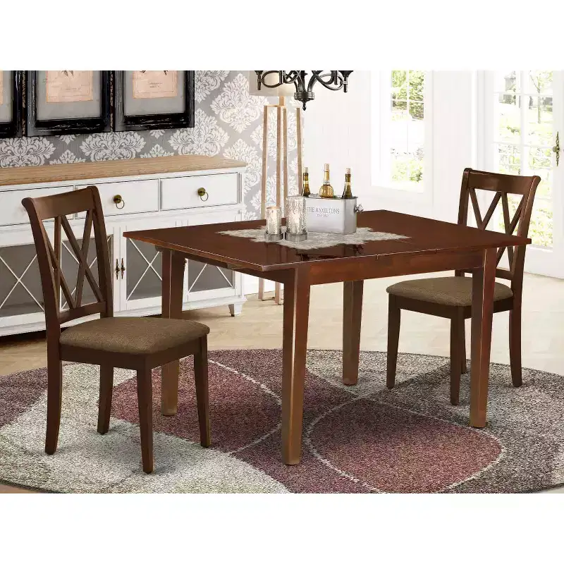 HomeStock 3-Piece Mahogany Finish Rectangular Solid Wood Top with Butterfly Leaf Dining Table Set
