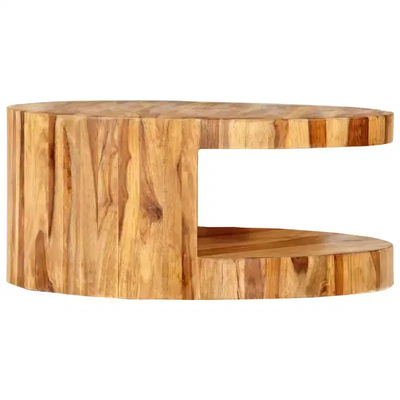 Round Solid Acacia Wood Coffee Table with Storage Shelf