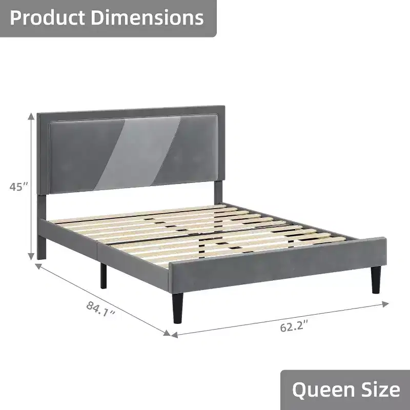 Queen Upholstered Bed Frame with Wingback Headboard, Luxurious Velvet, Wooden Slats, Easy Assembly, Box Spring Optional, Gray