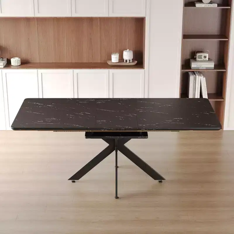 6278 Modern Extendable Dining Table with Black Metal Base, Rectangular Kitchen Table for Dining Room or Breakfast Area-Panipeachy