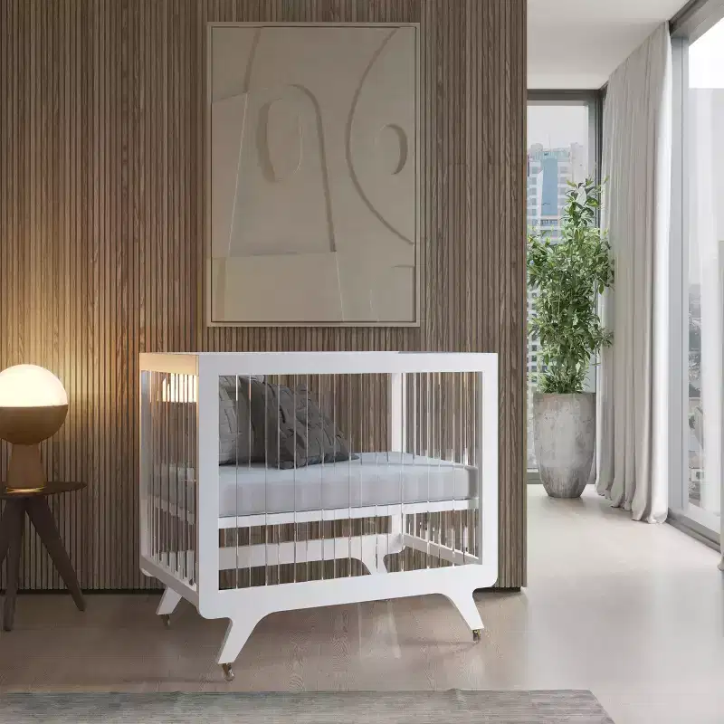 V-leg Foldable Crib, Modern Acrylic Frame with 3 Height Levels, Easy Fold & Smooth Rolling Wheels Pure White