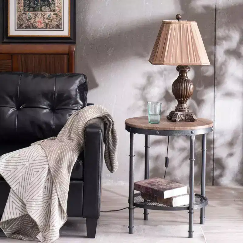 Double Layer Triamine Plate Iron Side Table Round Three-Dimensional Wood Grain Brown Background With Black Pattern