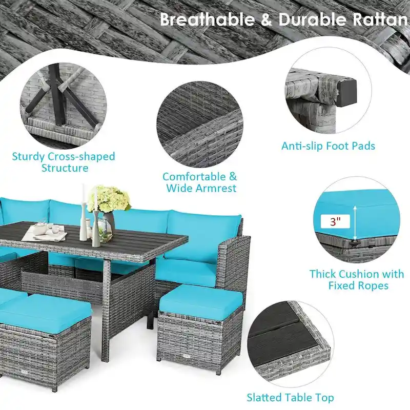 7 Pcs All-Weather Patio Rattan Dining Furniture Sectional Sofa Set with Wicker Ottoman and Cushed Couch