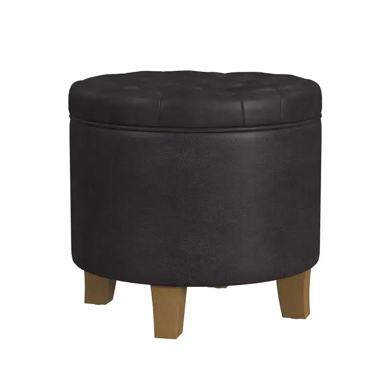 Round Storage Ottoman, Tufted Faux Leather, Dark Brown