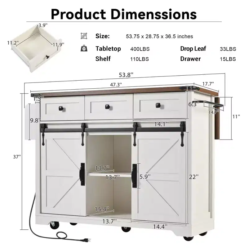 JVNOXK-53.7-inch rustic kitchen island with power outlets, double sliding doors with folding shelves, spice rack on wheels, white