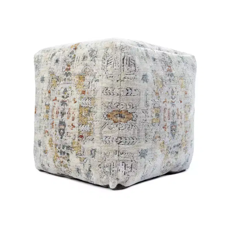 18 in Ivory and Light Gray Upholstered Medallion Pouf Ottoman