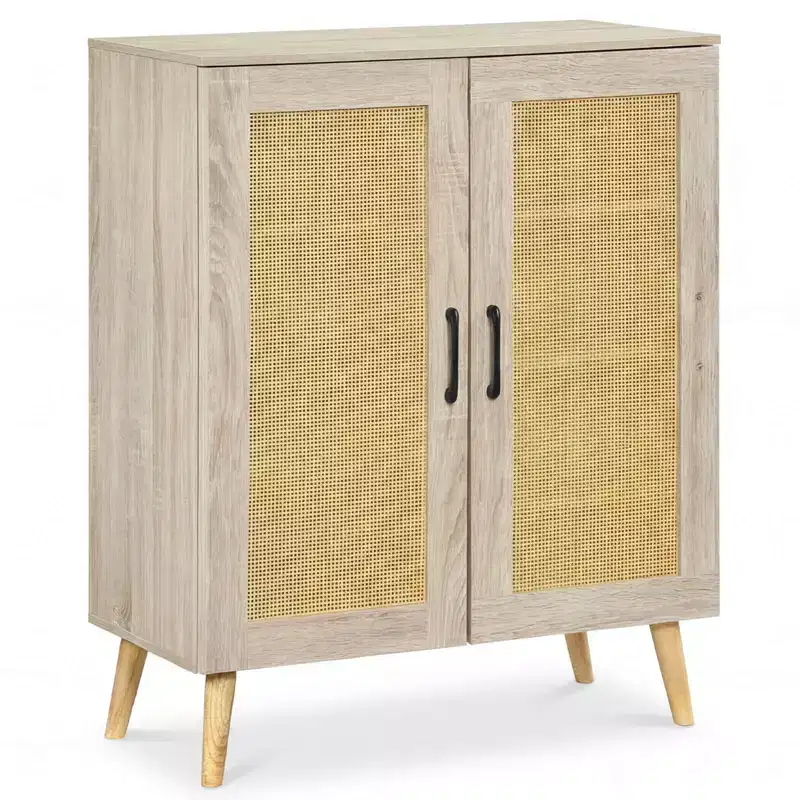 Costway Rattan Shoe Cabinet with 3 Removable Shelves,5-Tier Narrow Cabinet Wood Legs, Walnut/Natural