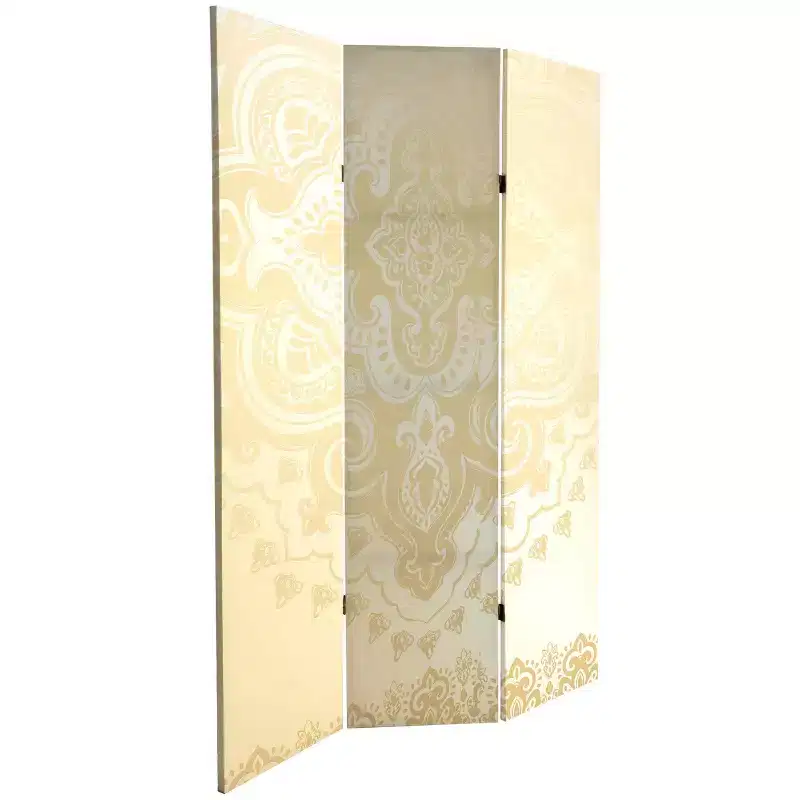 6" Double Sided Mandala Pattern Canvas Room Divider Ivory: Adjustable 3-Panel Biombo, Spruce Wood Frame
