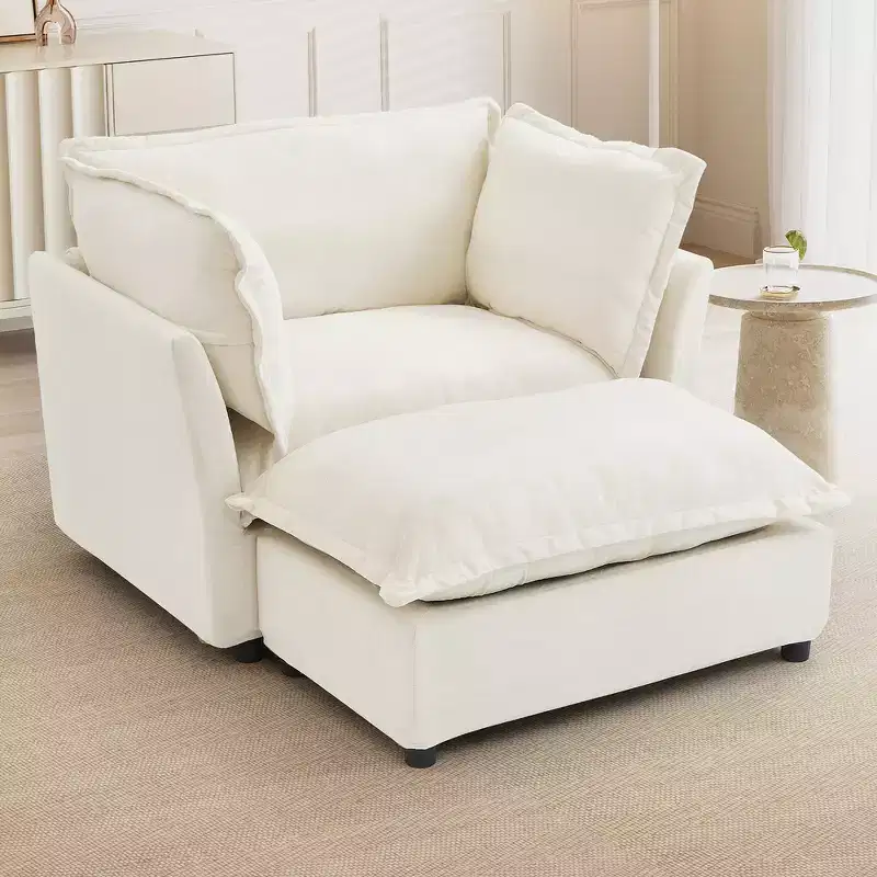 Chenille Armchair with Movable Ottoman, Wide Seat, Curved Armrests & Soft Pillows